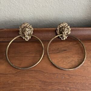 Vintage 2 Brass Lions Head Towel Ring Wall Mount 5” Diameter All West Japan